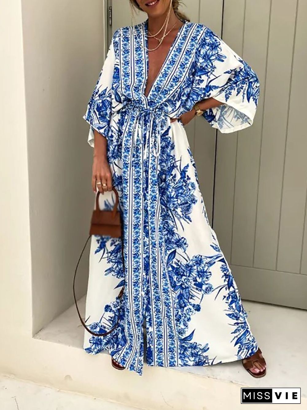 New Boho Print Short Sleeve Women Dress Drawstring Waist Summer V Neck Loose Dress Sexy Split Folds Robe Dress Vintage Vestidos