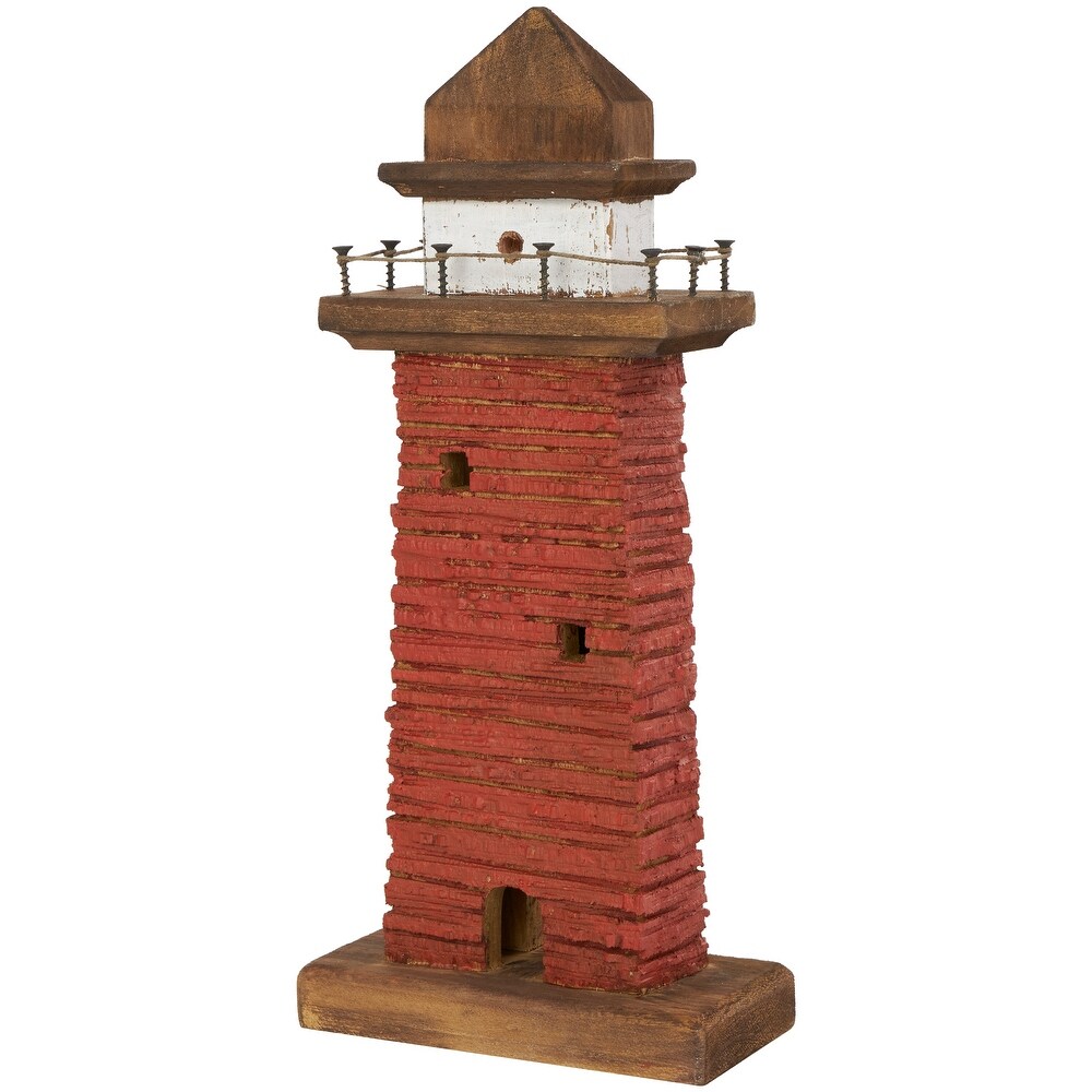 Red Wood Distressed Light House Sculpture with Cream and Brown Accents (Set of 2)