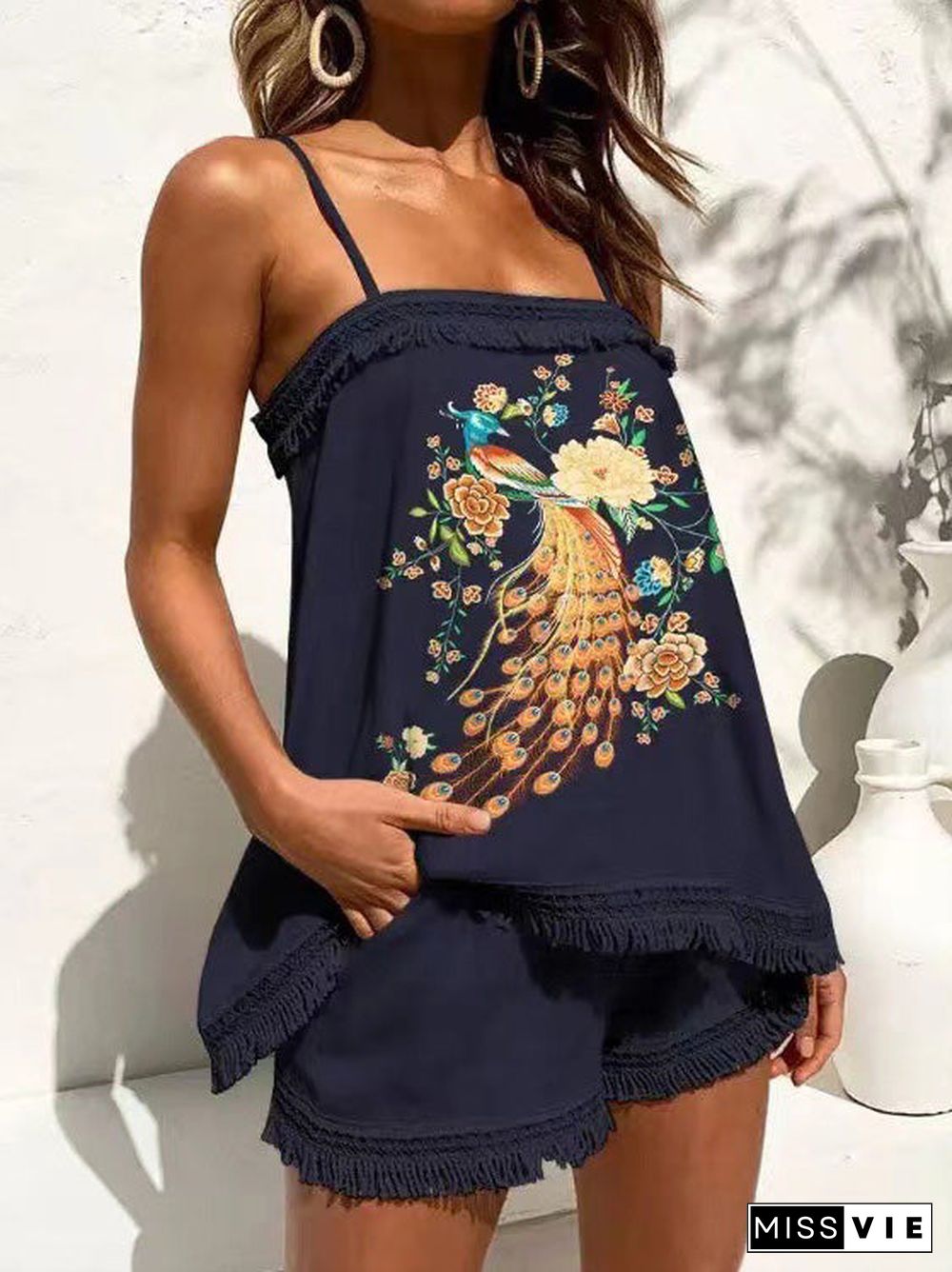 Women'S Sets Printed Sling Top & Shorts Fringed Two-Piece Set