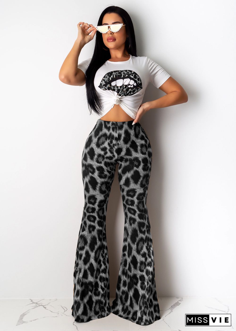 Women Casual Lip Print O-Neck Short Sleeve T-shirts High Waist Leopard Flared Long Pants 2 Piece Set