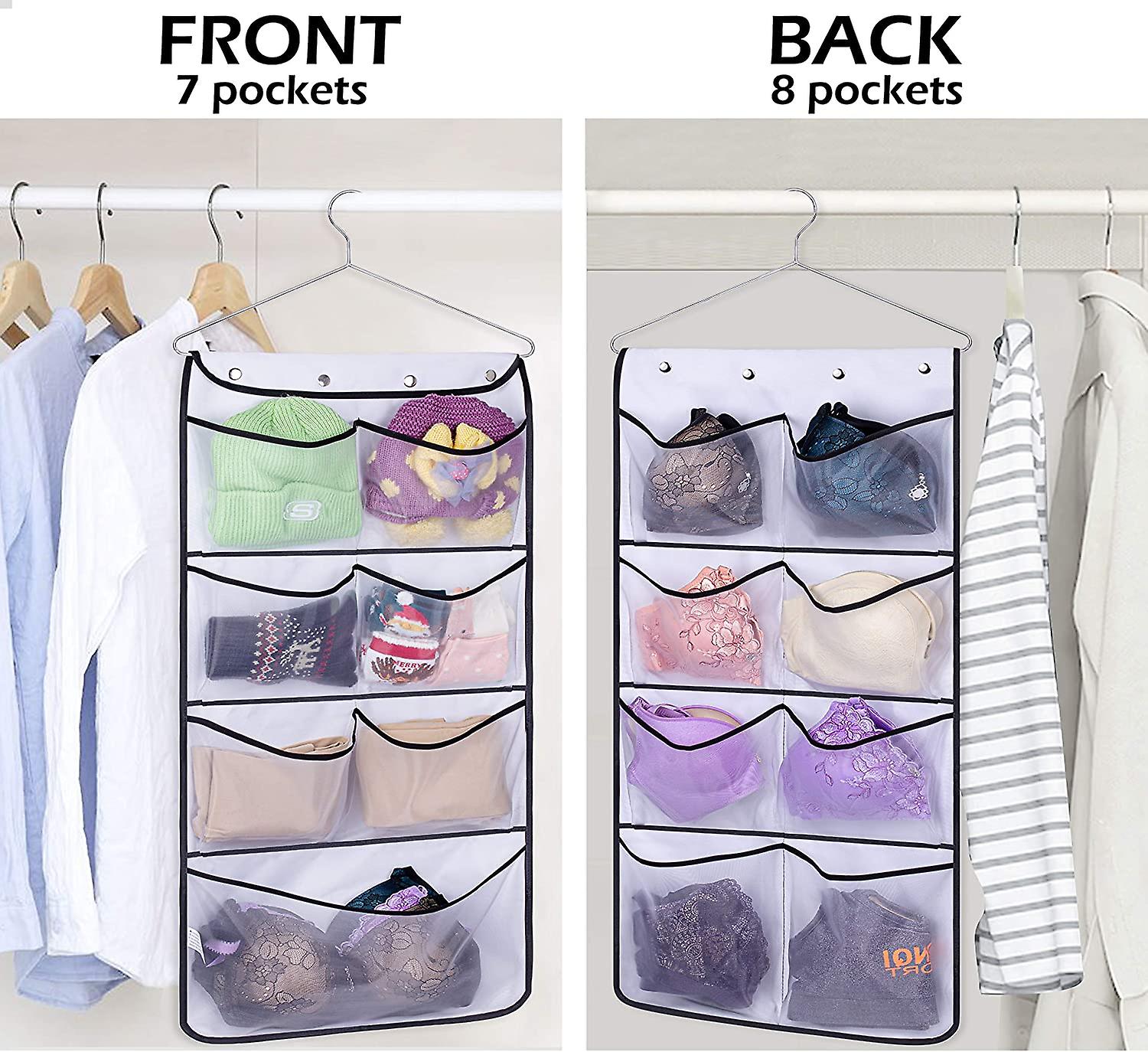 Durable Hanging Closet Double Sided Bra Stocking Clothes Socks Organizer 15 Large Mesh Pockets， White