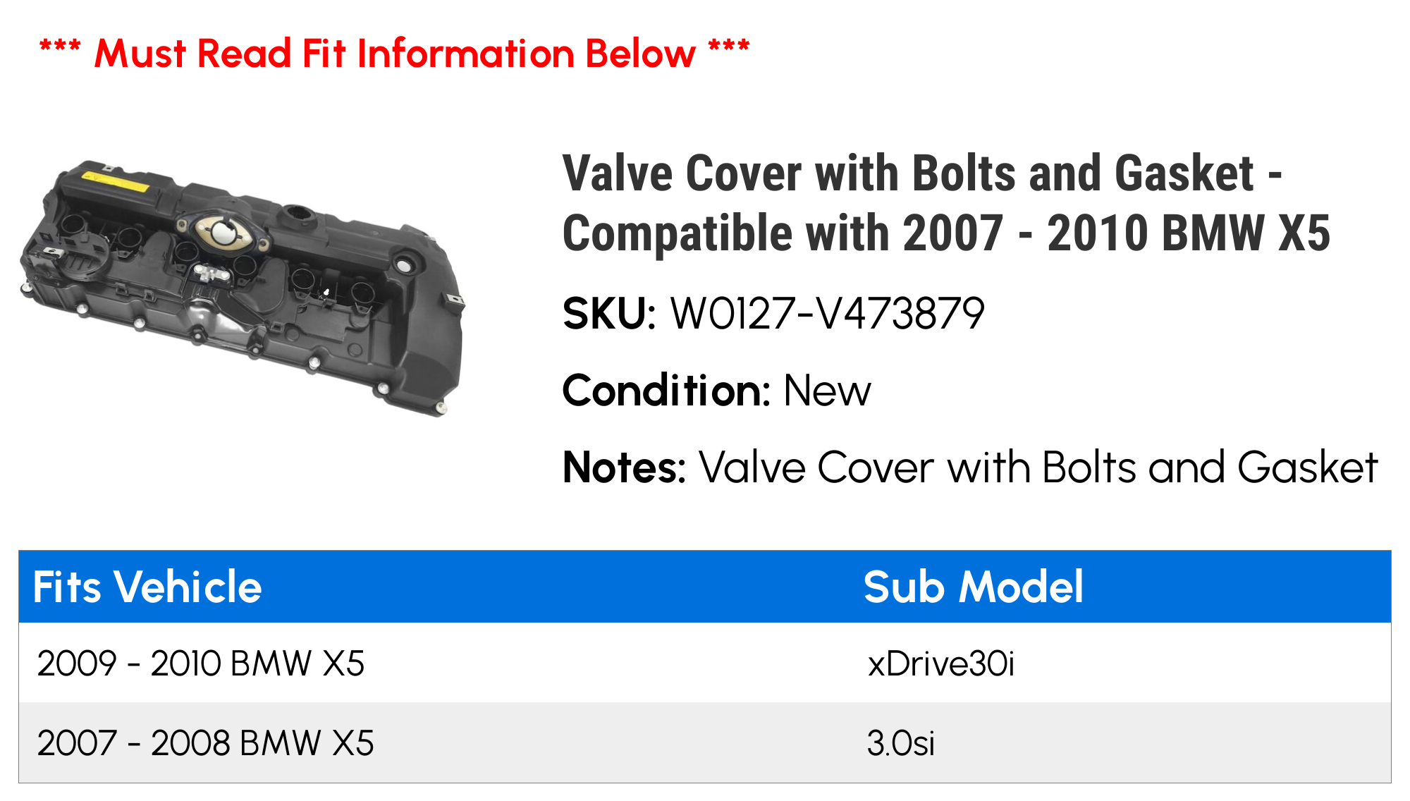 Valve Cover with Bolts and Gasket - Compatible with 2007 - 2010 BMW X5 2008 2009