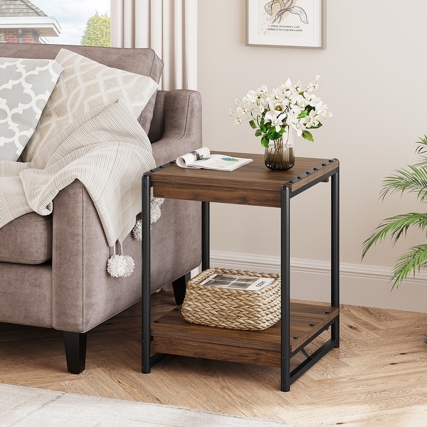 Farmhouse End Table， 19.6 Inch Sofa Side Table with 2-Tier Storage， Square End Table with Sturdy Frame