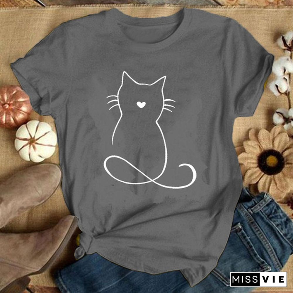 Women Graphic Cat Lovely Animal Fashion Short Sleeve Spring Summer Cartoon Print Female Clothes Tops Tees Tshirt T-Shirt