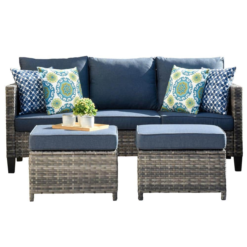 XIZZI Megon Holly Gray 5-Piece Wicker Outdoor Patio Conversation Seating Sofa Set with Denim Blue Cushions GRS305HDDB