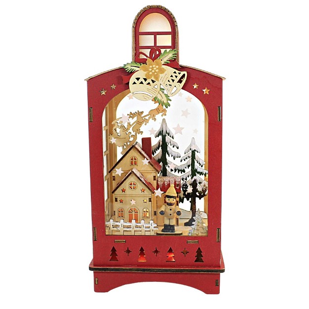 Christmas Lantern Winter Scene One Lit Figurine 12 5 Inches Led Trees Bells Snow Plywood Beige