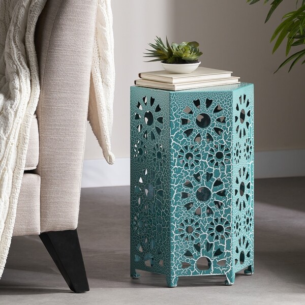 12 Inch Side Table with a Floral Pattern and Hollow Framework