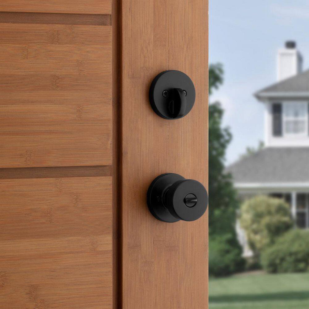 Kwikset Pismo Round Rose Matte Black Knob Door Combo Pack Featuring SmartKey Security 991PSKRDT514SMT