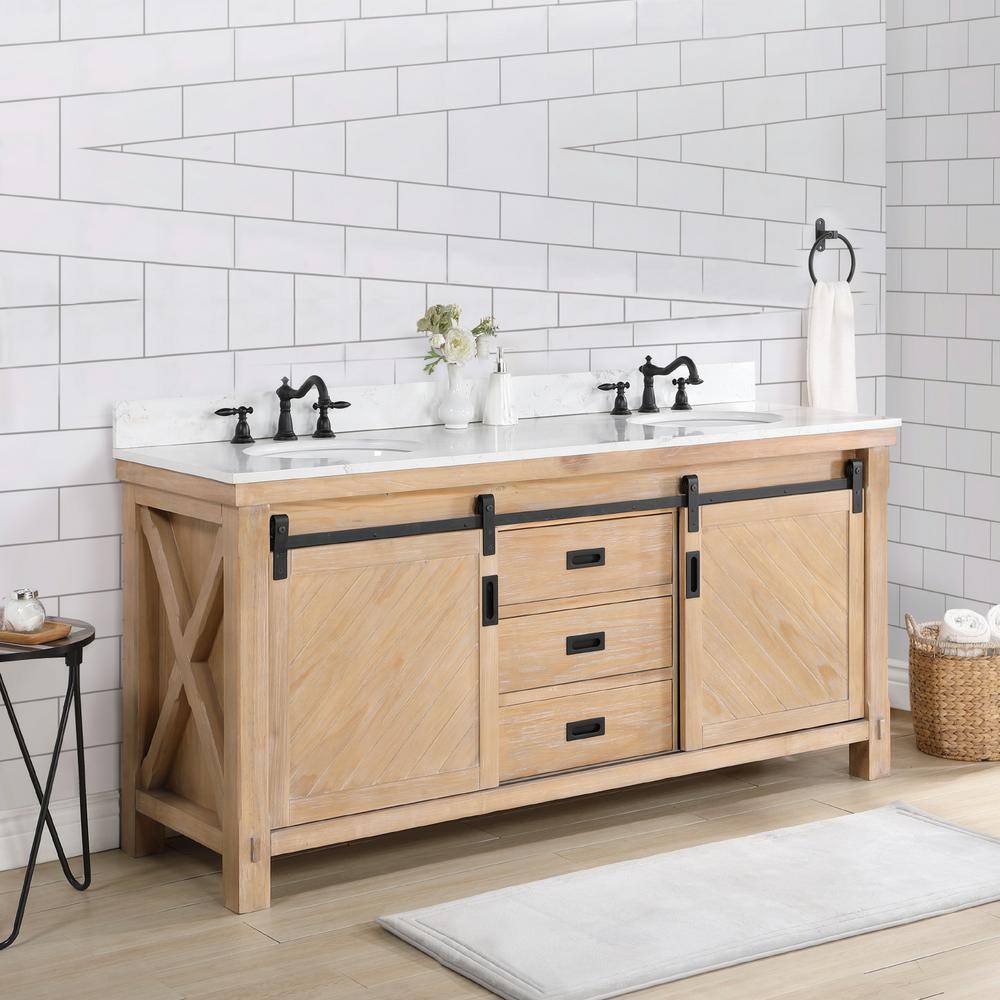 ROSWELL Cortes 72 in. W x 22 in. D x 33.9 in. H Double Sink Bath Vanity in Weathered Pine with White Composite Counter Top 801772-WP-WSN