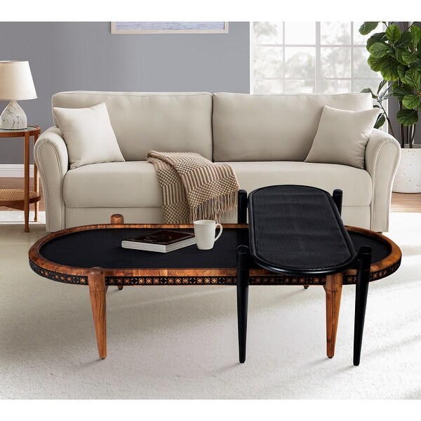 50， 39 Inch 2 Piece Oval Acacia Wood and Metal Nesting Coffee Table Set for iving Room， Home， Office， Brown and Black