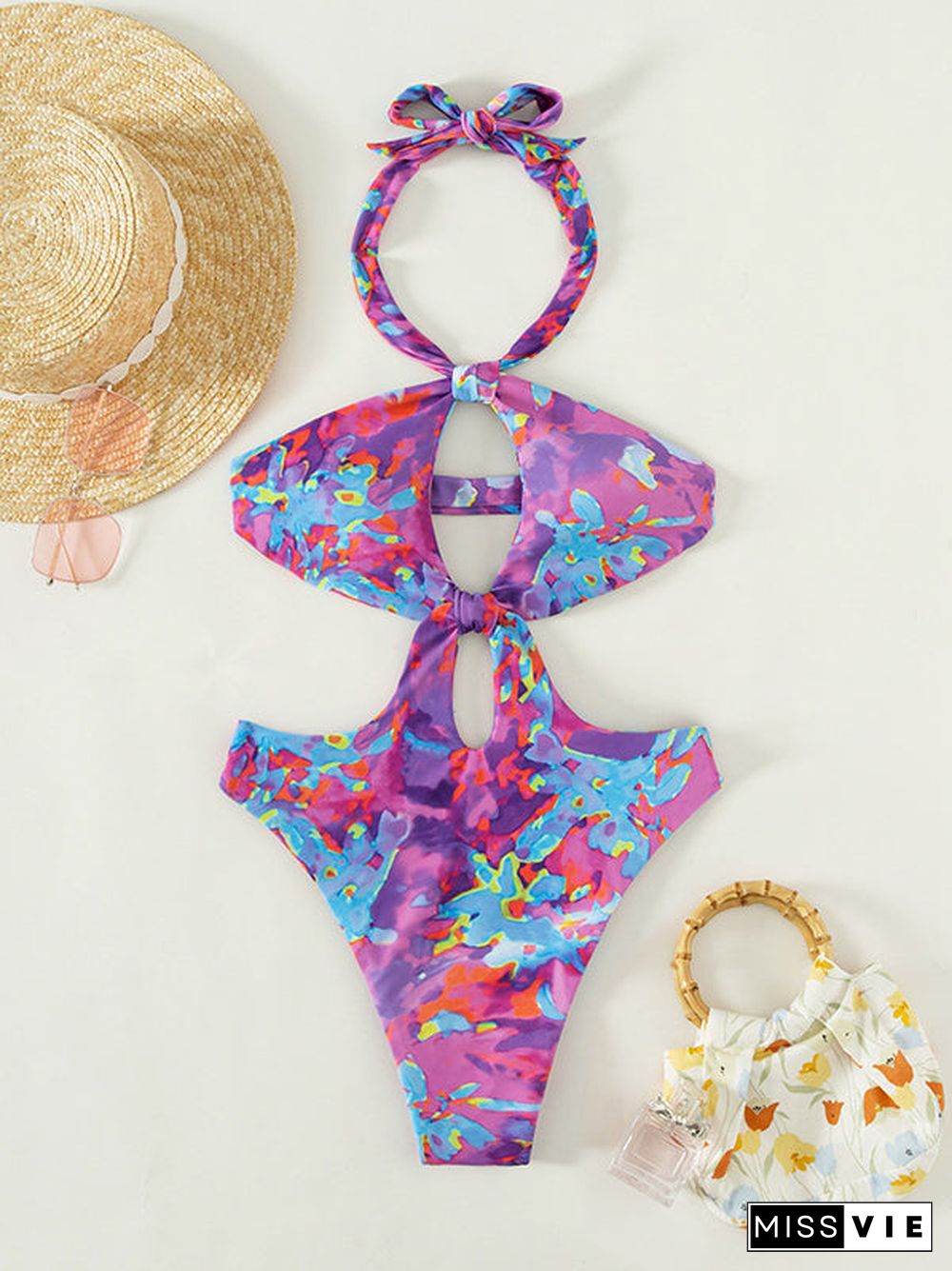 Hollow Lace-up Halter One Piece Swimwear