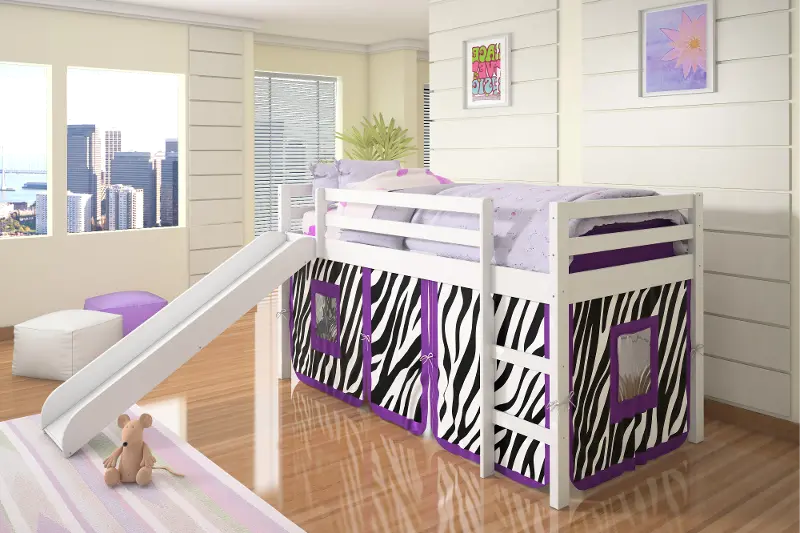 Haven White Twin Bed with Purple Zebra Tent