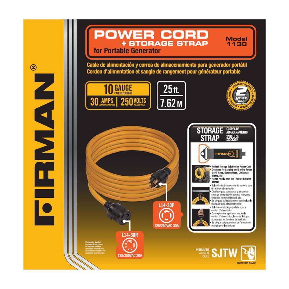 FIRMAN 25 ft. 30 Amp 125-Volt250-Volt L14-30P to L14-30R Generator Power Extension Cord with Storage Strap 1130