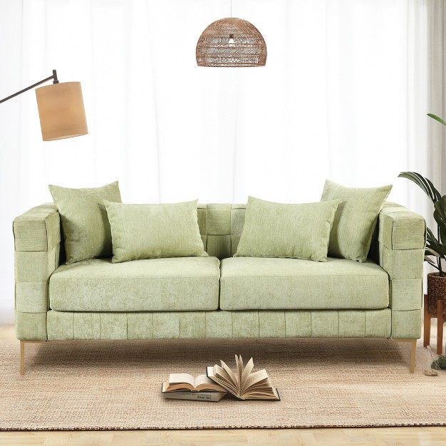 Modern Upholstered Sofa With Golden Metal Legs And 4 Pillows modernluxe