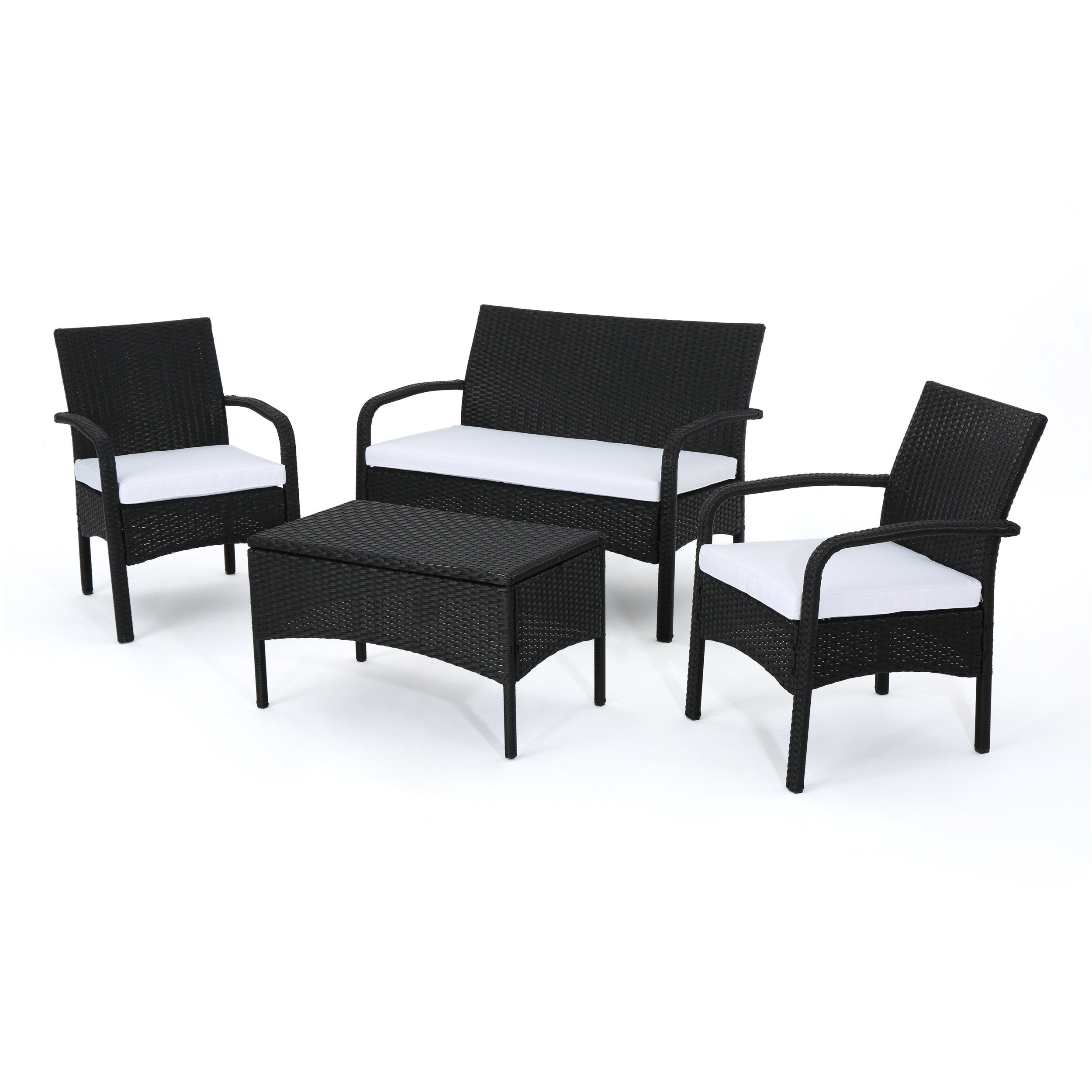 Carmela Outdoor 4 Piece Black Wicker Chat Set with White Water Resistant Cushions