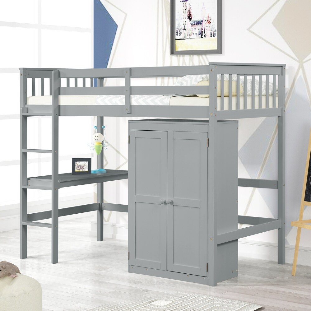 Twin Size Wood Loft Bed with Desk and Wardrobe  Gray