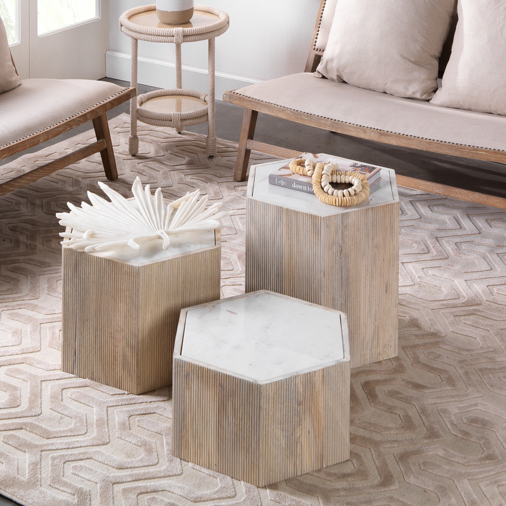 Bleached Wood White Marble Hexagon 18 quotBunching Table Minimalist Contemporary   Transitional   Side Tables And End Tables   by My Swanky Home  Houzz