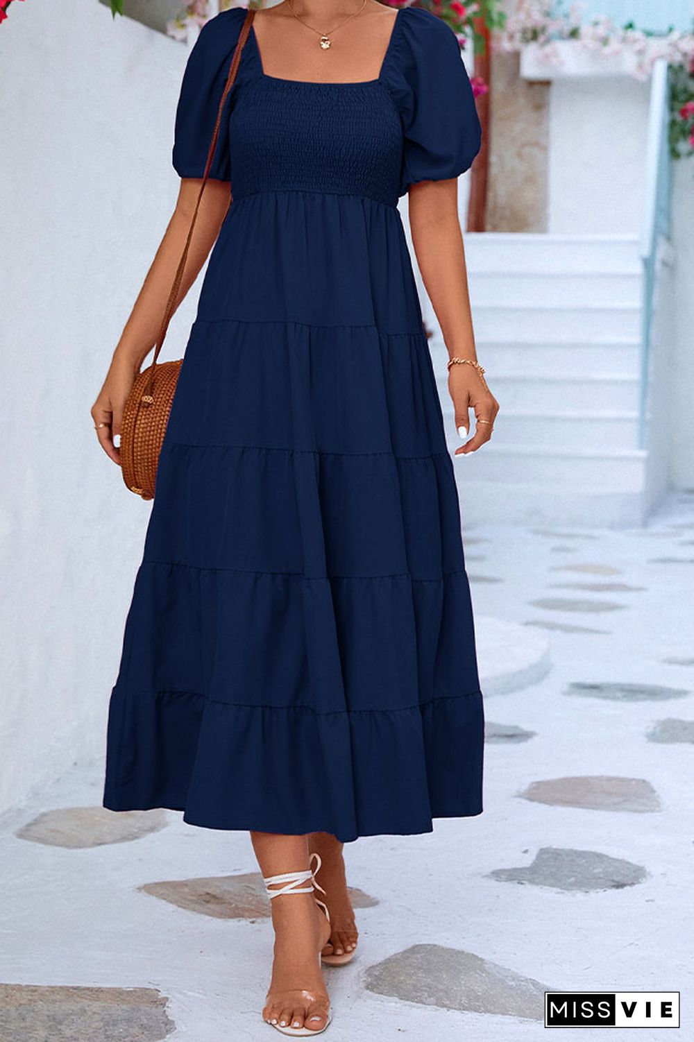 Puff Sleeves Square Neck Splicing Ruffle Long Dress