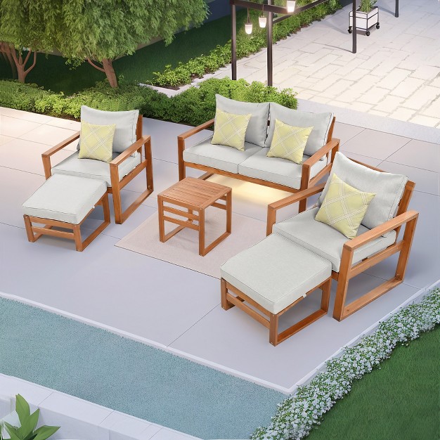 Outdoor Patio Wooden 6 piece Talking Set With Footrest And Cushion For Backyard Poolside Balcony Modernluxe