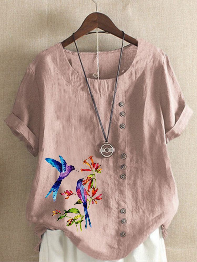 Round Neck Casual Loose Floral Short Sleeve Blouse