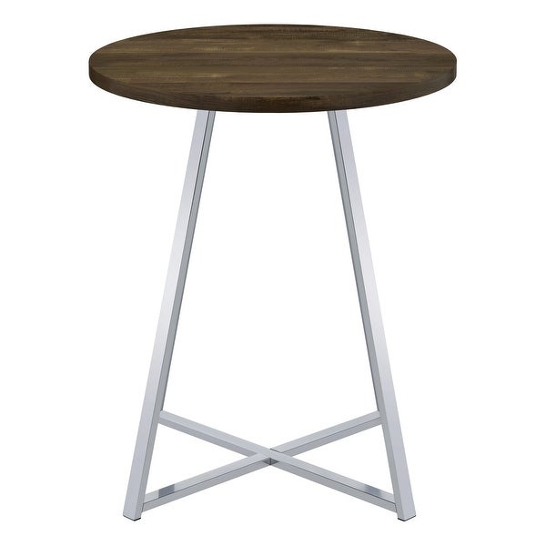 43 Inch Tall Modern Bar Table， Brown Round Top， Polished Chrome Flared Legs