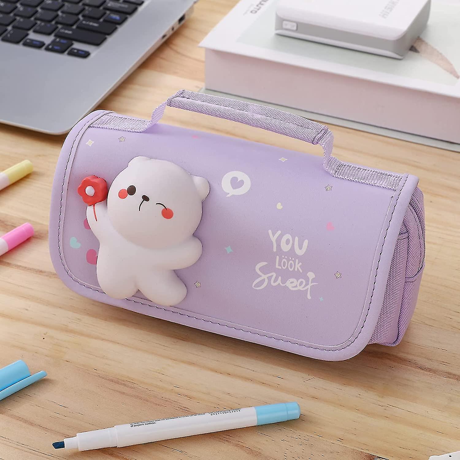 Veeki Pencil Case Large Pencil Pouch With Handle And Stress Relief Doll Cute Pencil Bag For Girls Students Kids School Pencil Case Organizer Purple