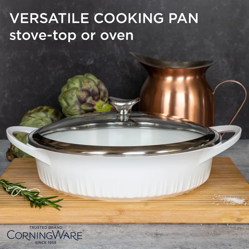 Corningware 1143454 4 Qt. Cast Aluminum White Braiser with Lid