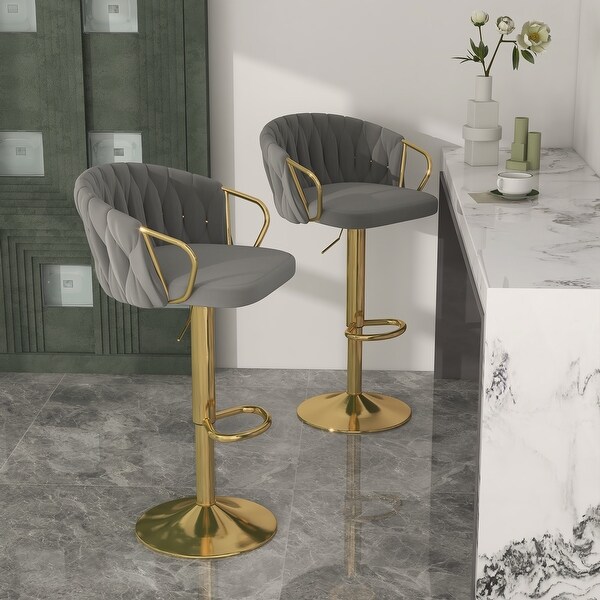 Set of 2 Bar Stool Adjustable Height Swivel Velvet Woven