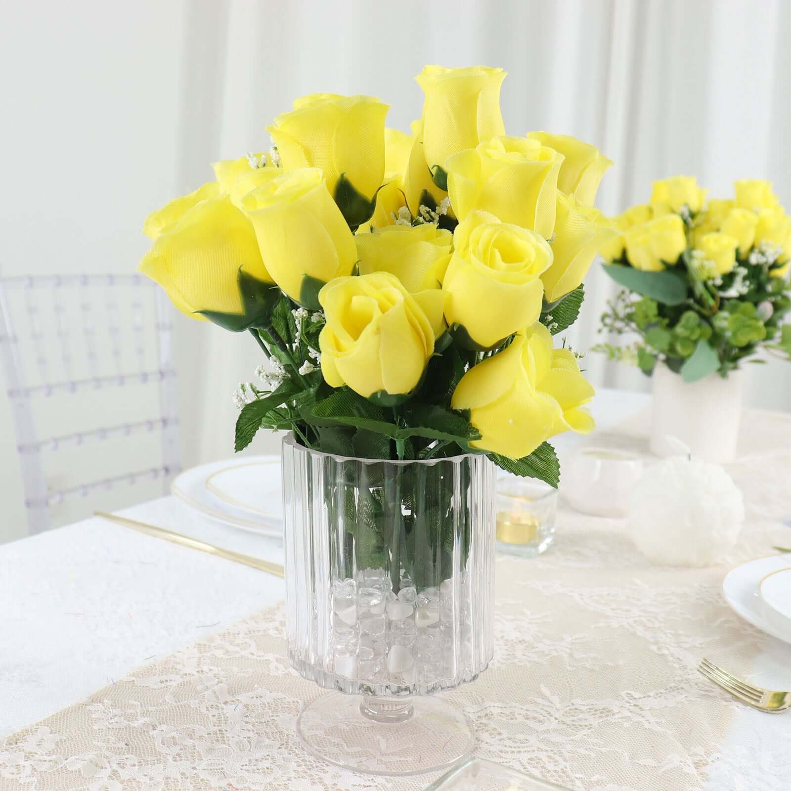 12 Bushes Yellow Artificial Premium Silk Flower Rose Bud Bouquets