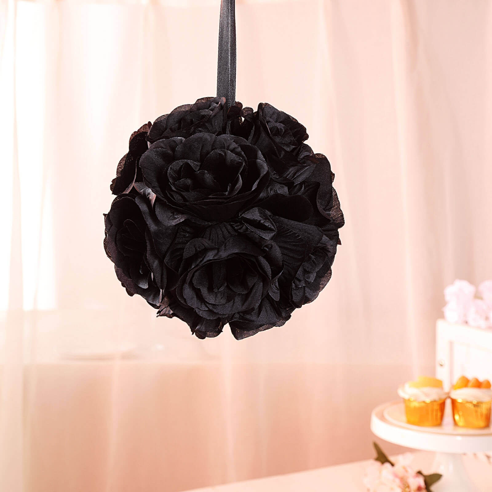 2 Pack Black Artificial Silk Rose Kissing Ball, Faux Flower Ball 7