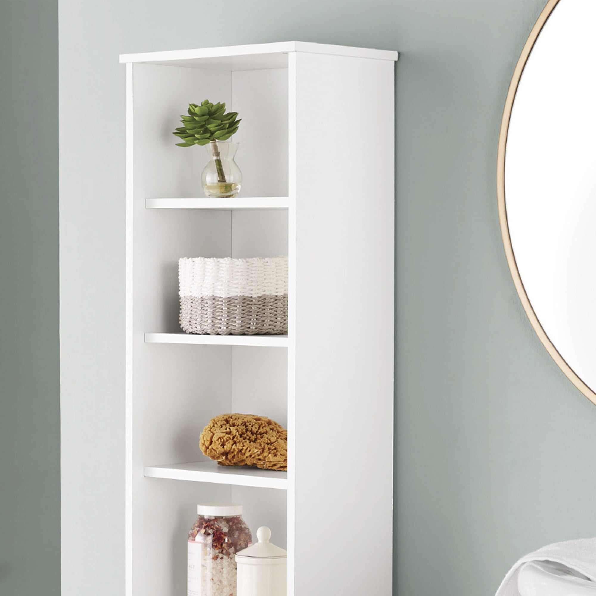 White Bathroom Storage Linen Tower with Open and Concealed Shelves, Mainstays