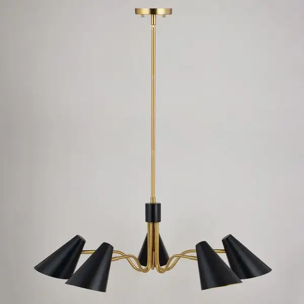Pryce 5 Light Matte Black with Gold Satin Brass Accents Mid-Century Modern Chandelier - Metal Shades Shopping - The Best Deals on Chandeliers