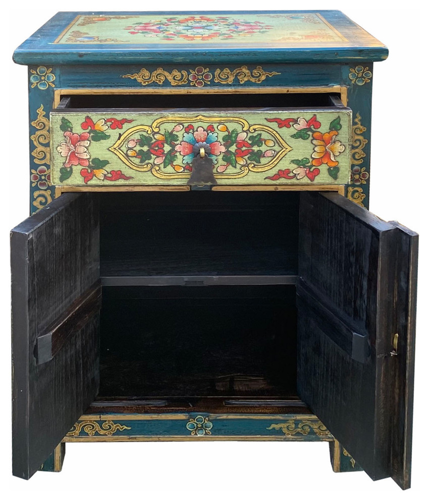 Teal Blue Light Green Tibetan Style Floral End Table Nightstand Hcs7077   Asian   Side Tables And End Tables   by Golden Lotus Antiques  Houzz