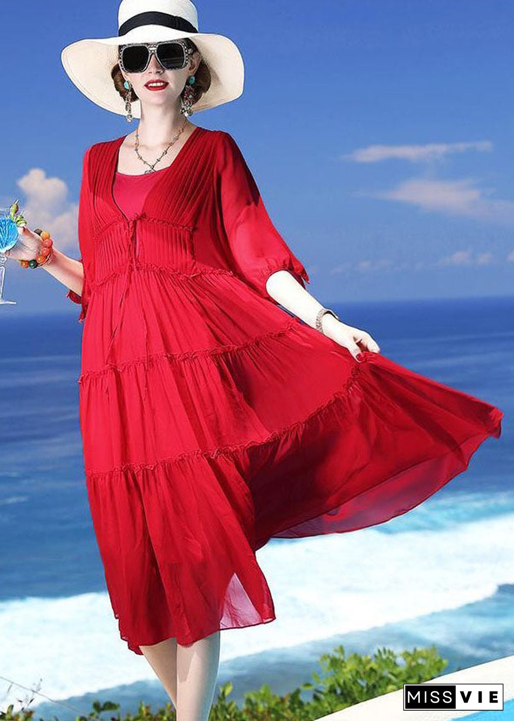 Chic Red Patchwork Silk Two Pieces Set Beach Holiday Dress Summer