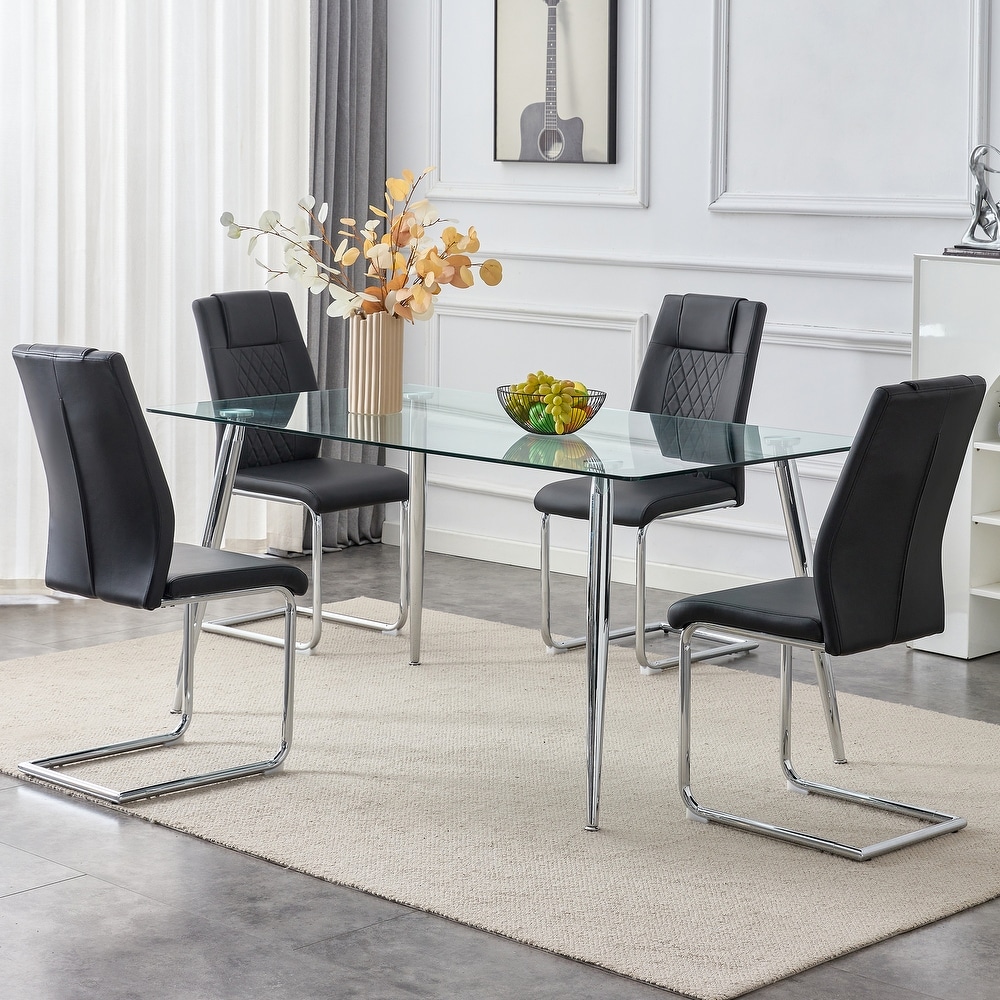 5 PCS Dining Table Set Table and Chair Set w 1 Table and 8 Chairs Glass Table Top Metal Table Legs