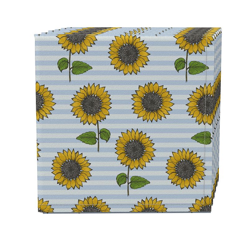 Napkin Set of 4， 100% Cotton， 20x20， Blue Stripes and Sunflowers