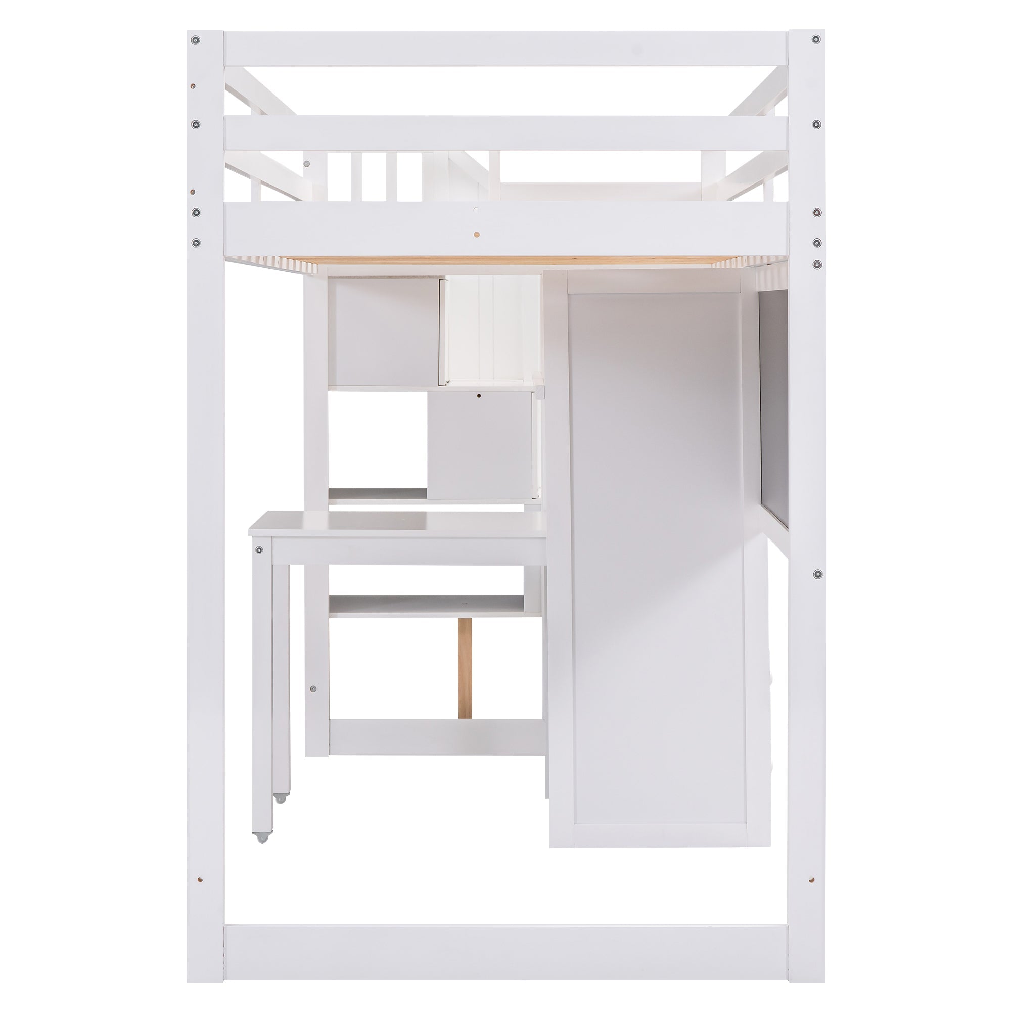 Pine Wood Loft Bed with Storage Staircase, Desk, Drawers and Blackboard for Kids, Twin, White