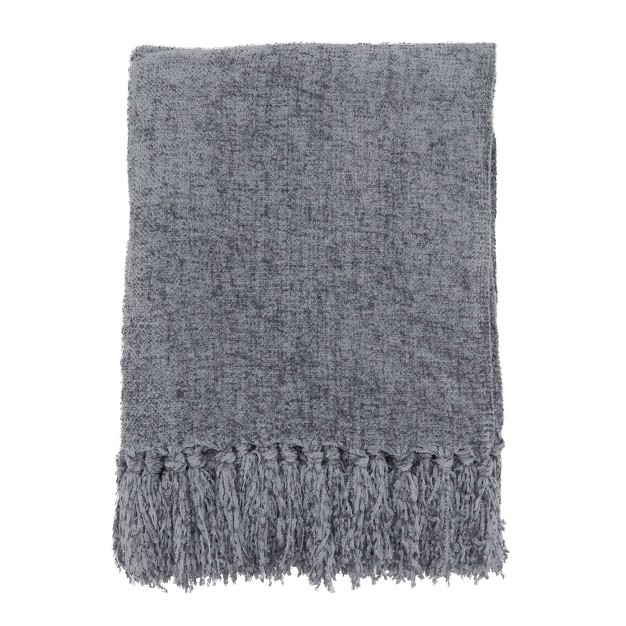 Chenille Throw Blanket With Fringed Edges Gray Saro Lifestyle