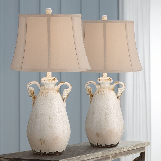 Tall Set Of 2 Crackled Ivory Glaze Ceramic Beige Bell Shade For Bedroom Living Room House Bedside