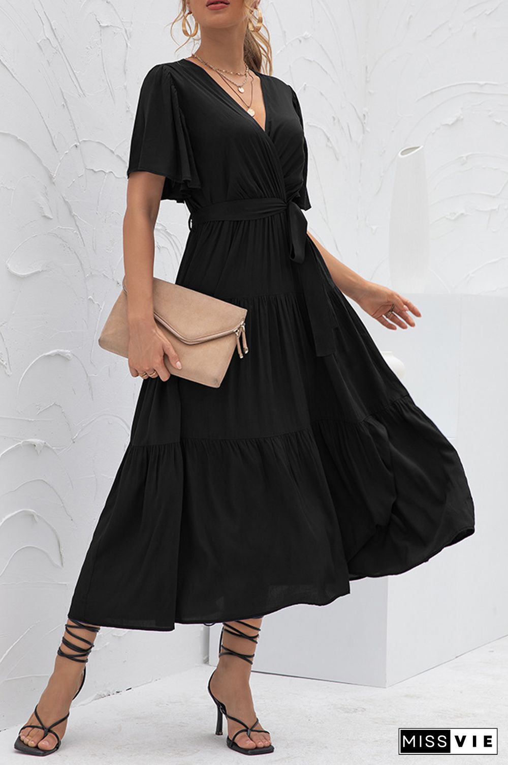 Elegant Solid Split Joint With Belt V Neck Cake Skirt Dresses