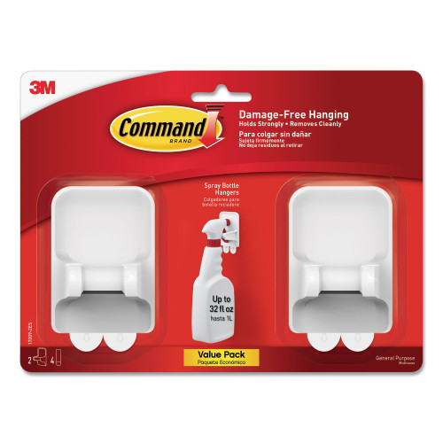 Command Spray Bottle Holder， 2.34w x 1.69d x 3.34h， White， 2 Hangers/4 Strips/Pack (170092ES)