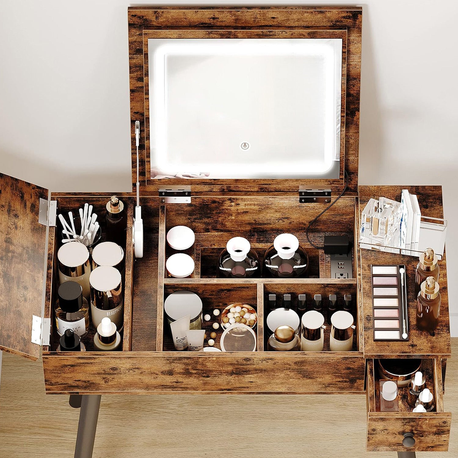 Flip Top Vanity Desk Set with LED Lighted Mirror and Power Outlet, Makeup Vanity Table with Drawers and Cabinet