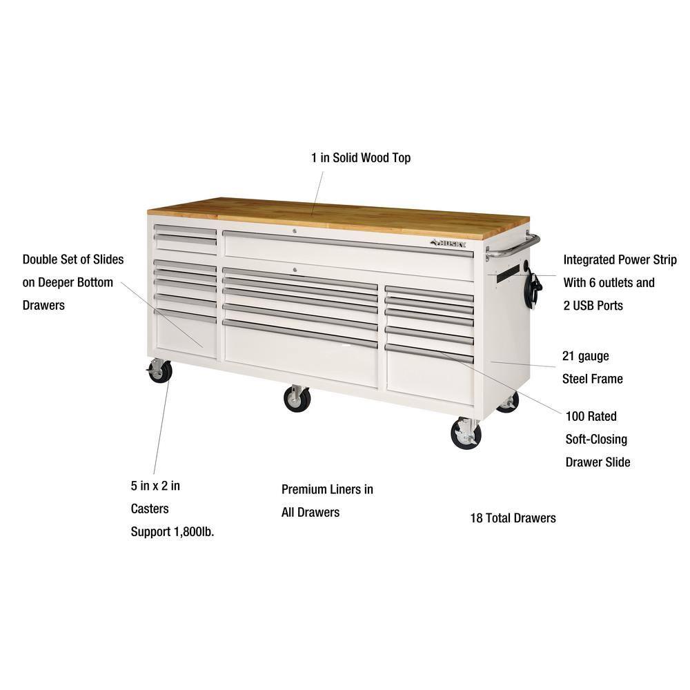 Husky 72 in. W x 24 in. D Standard Duty 18-Drawer Mobile Workbench Tool Chest with Solid Wood Top in Gloss White HOTC7218BJ1M