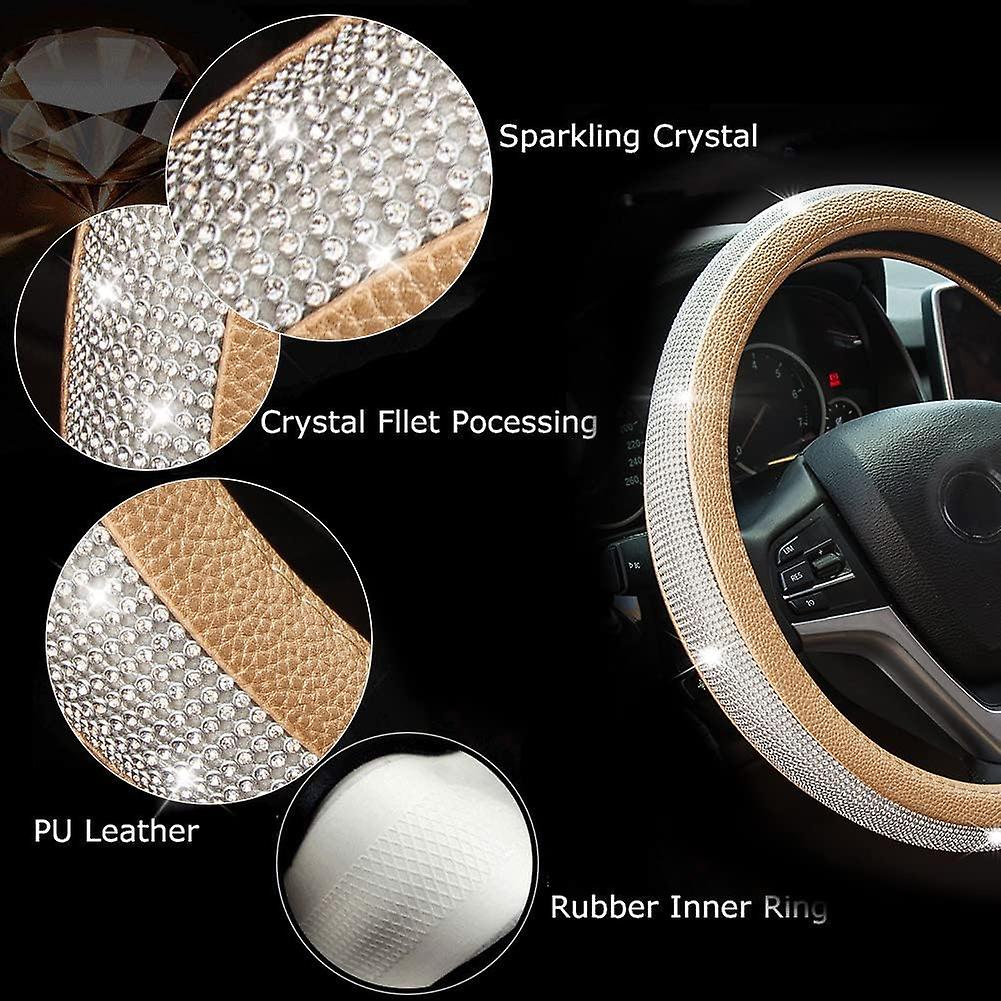 New Diamond Leather Steering Wheel Cover With Bling Bling Crystal Rhinestones， Universal Fit 15 Inch Anti-slip Wheel Protector For Women Girls，gold