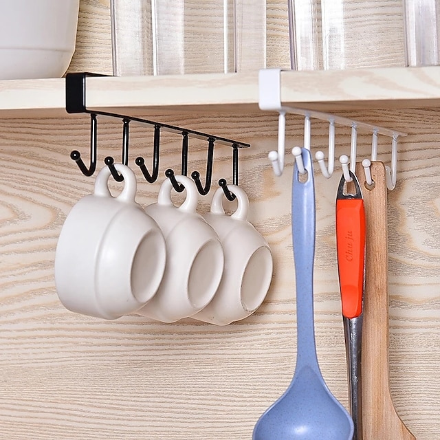 Kitchen Double-row Hook Hanging Cup Holder Household Punch-free Wall Cabinet Hook Spatula Rack Cup Storage Wrought Iron Hook