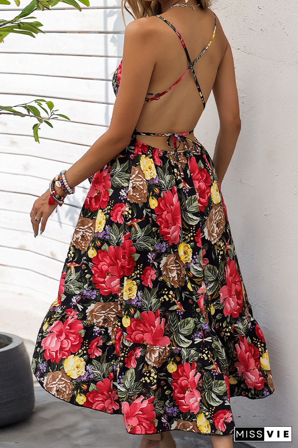 Wrap V Neck High Split Cami Backless Floral Midi Dress