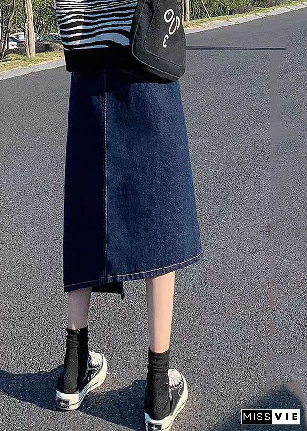 Elegant Navy Side Open Asymmetrical Pocket Cotton Denim Wraped Skirts Summer