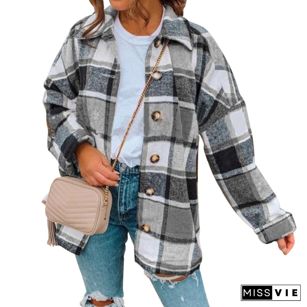 Hot Sale Women Fashion Plaid Shirt Jackets Turn-down Collar Autumn Oversized Jacket Fashion Loose Coat Streetwear Female Outwear