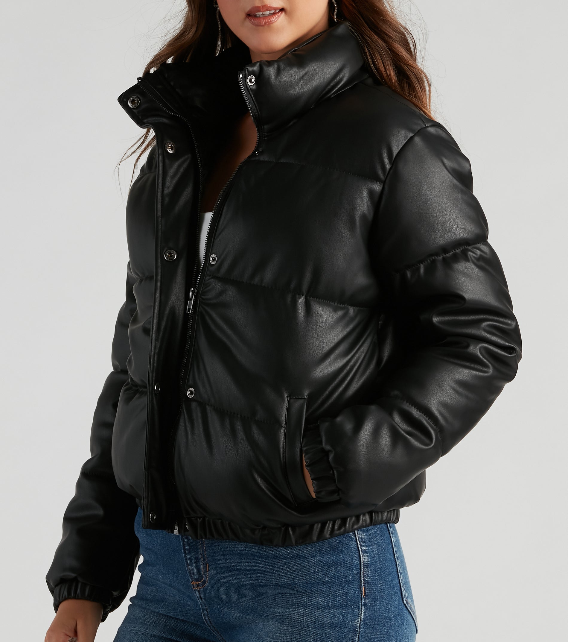 Stylish Edge Faux Leather Puffer Jacket