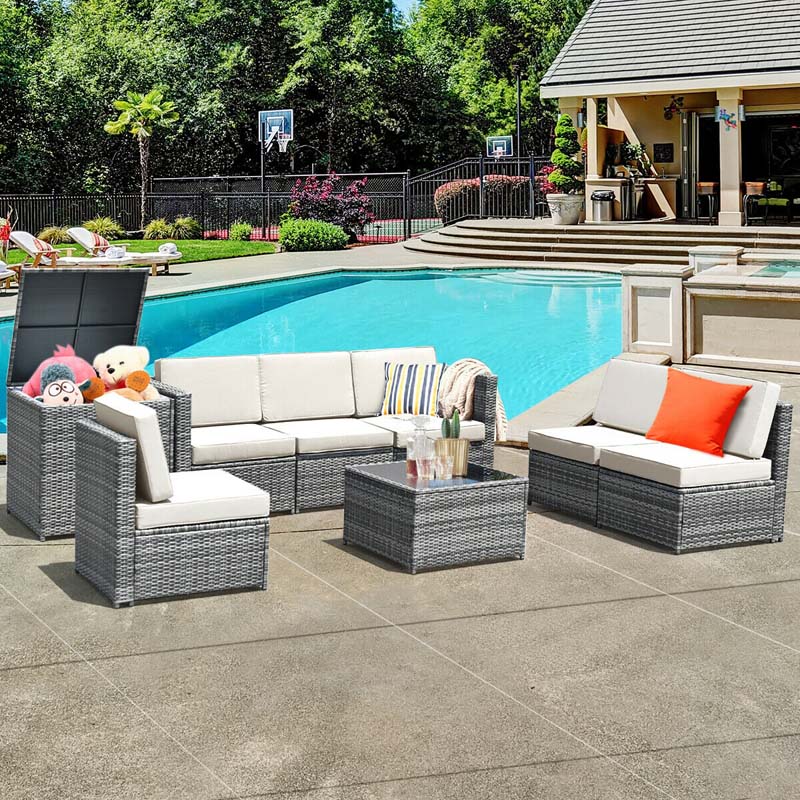 8 Pcs Rattan Patio Sectional Sofa Couch Set Outdoor Wicker Furniture Set with Storage Table & Cushions